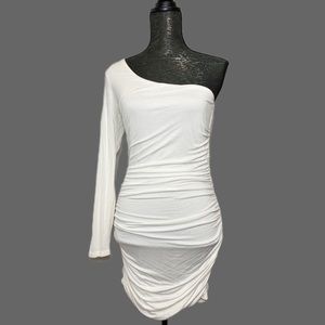 FOREVER 21 Women’s White Bodycon 1/2 Long Sleeve Lined & Ruched Dress Sz L